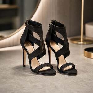 DBDK Fashion Black Suede Cutout Strappy Zip-Back Stiletto High Heel Sandals